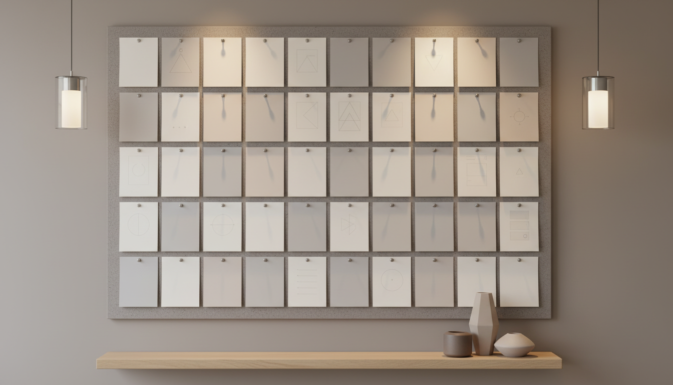 A structured, monochromatic cork board meticulously arranged with pale-grey and cream paper notes, each secured with matte silver pins. The cork board hangs against a backdrop of a smooth, muted taupe wall in a serene office nook. Minimalist geometric vases in soft ceramic sit below on a floating shelf, contributing texture and visual balance. Warm, diffused pendant lighting above creates gentle highlights and subtle, organized shadows across the board, enhancing detail without distraction. Shot straight on at eye-level, the image has a measured, symmetrical composition with comprehensive sharpness. The clean, photographic style radiates calm reassurance, emphasizing the site’s focus on gentle structure and organized execution support.