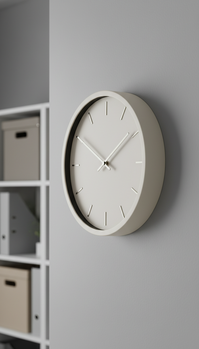 A close-up of a matte ivory wall clock with minimalist metallic hour markers, carefully mounted on a smooth stone-grey wall. The clock’s understated face and slim, brushed aluminum hands exude quiet elegance. Positioned in an open office, the environment features orderly shelves with subtle taupe and sand-colored storage, enhancing a sense of calm structure. Diffused afternoon daylight cascades gently across the clock, creating delicate highlights on the metal hands and muted shadows along the wall. Photographed from a slight side angle with the rule of thirds framing, the focus is crisp while the background remains softly blurred. The overall clean, balanced composition communicates reliability and gentle guidance, perfectly suiting the site’s supportive service ethos.